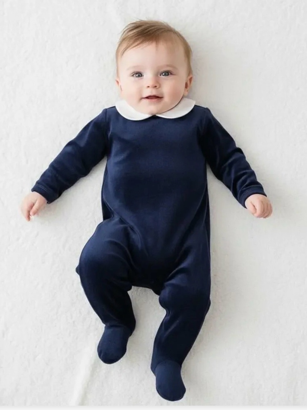 Edgehill Collection Baby Boy Navy Velour Footed Romper Sz NB Peter Pan Collar